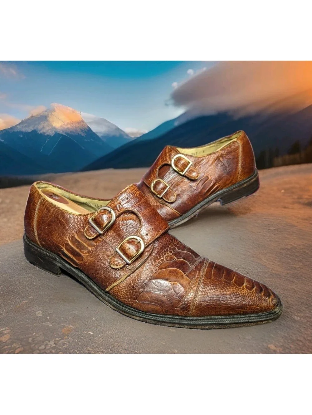 BELVEDERE Exotic Genuine Ostrich Leg Monkstrap Dress Shoes Mens 10.5 Camel Brown